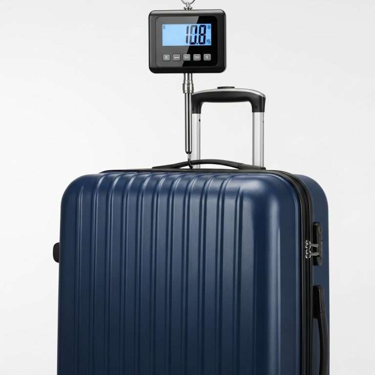Pesa bagagli digitale che solleva una valigia moderna blu scuro