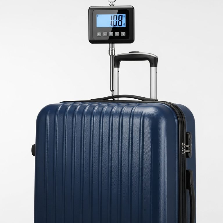 Pesa bagagli digitale che solleva una valigia moderna blu scuro