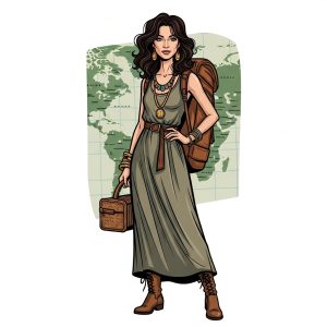 Illustrazione digitale di una donna viaggiatrice con uno zaino in spalla e una mappa del mondo sullo sfondo, che simboleggia l'avventura e la gestione del tempo per le passioni.