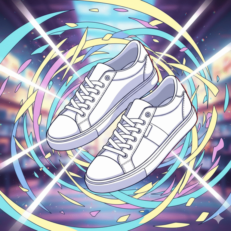 Illustrazione astratta in stile cartone animato di due sneakers da donna bianche con suola bassa.