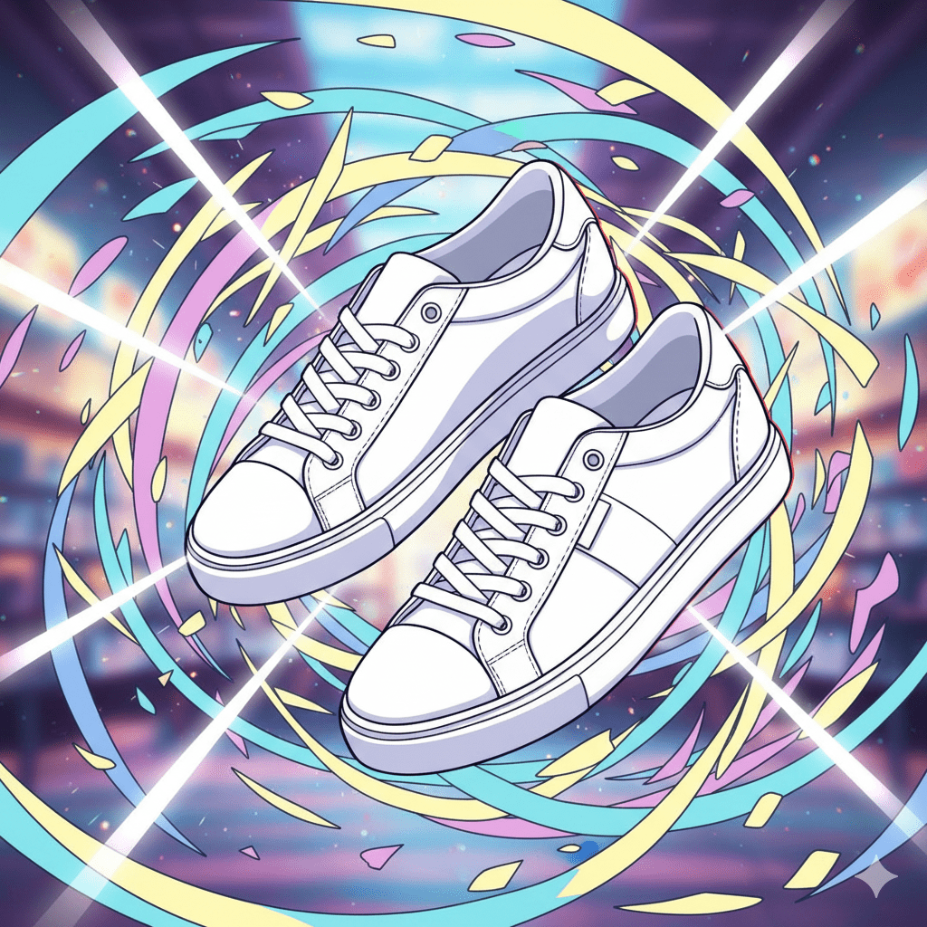 Illustrazione astratta in stile cartone animato di due sneakers da donna bianche con suola bassa.