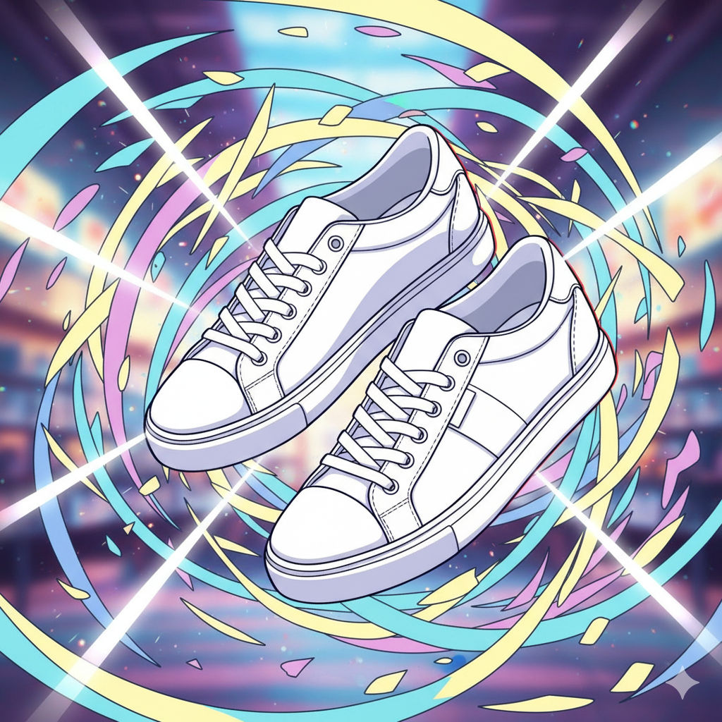 Illustrazione astratta in stile cartone animato di due sneakers da donna bianche con suola bassa.