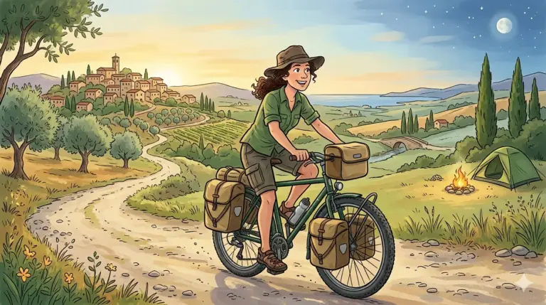 Un'illustrazione a fumetti che cattura l'essenza del cicloturismo avventuroso. Al centro, una ciclista sorridente viaggia su una strada sterrata che si snoda attraverso un pittoresco paesaggio collinare italiano. Il cielo si divide poeticamente tra un caldo tramonto sulla sinistra, illuminando un villaggio arroccato, e una notte stellata sulla destra, con una luna piena e un accampamento allestito con tenda e falò. La bicicletta, equipaggiata con borse laterali e da man. Immagine generata da AI.