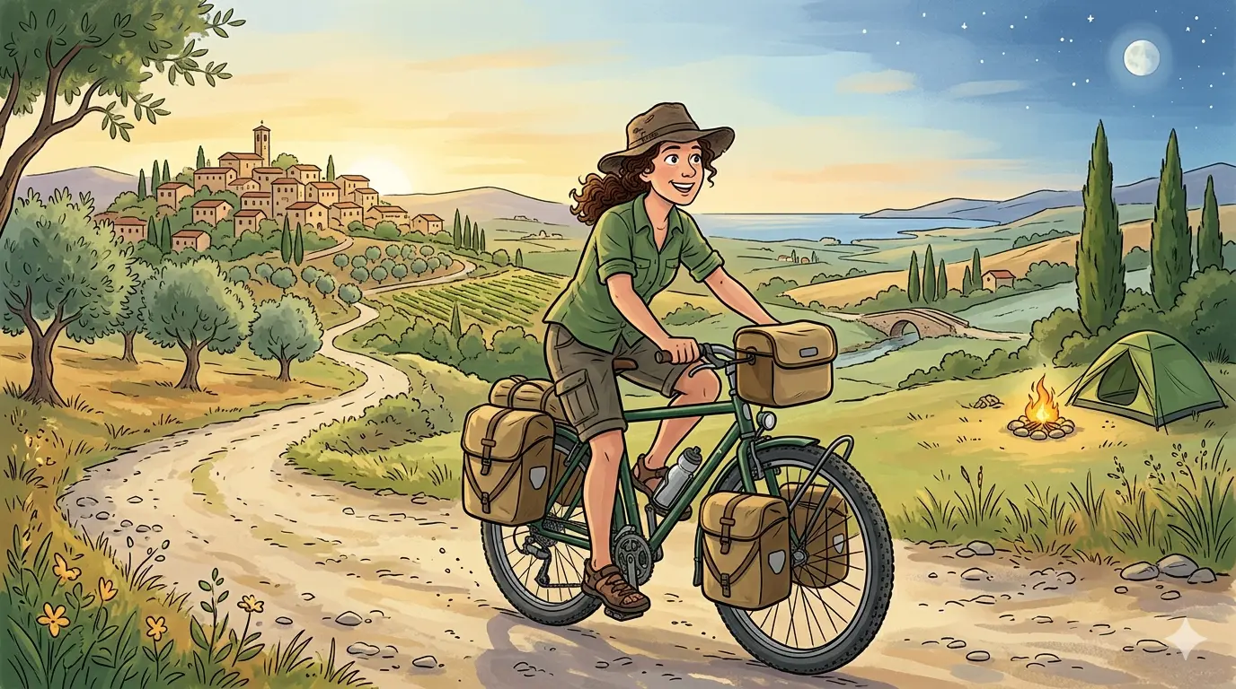 Un'illustrazione a fumetti che cattura l'essenza del cicloturismo avventuroso. Al centro, una ciclista sorridente viaggia su una strada sterrata che si snoda attraverso un pittoresco paesaggio collinare italiano. Il cielo si divide poeticamente tra un caldo tramonto sulla sinistra, illuminando un villaggio arroccato, e una notte stellata sulla destra, con una luna piena e un accampamento allestito con tenda e falò. La bicicletta, equipaggiata con borse laterali e da man. Immagine generata da AI.