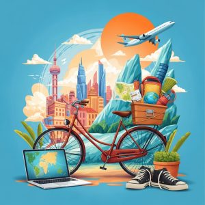 Illustrazione creativa di una bicicletta con un cesto pieno di articoli da viaggio e attrezzatura da campeggio, in un contesto che unisce paesaggi urbani e naturali.