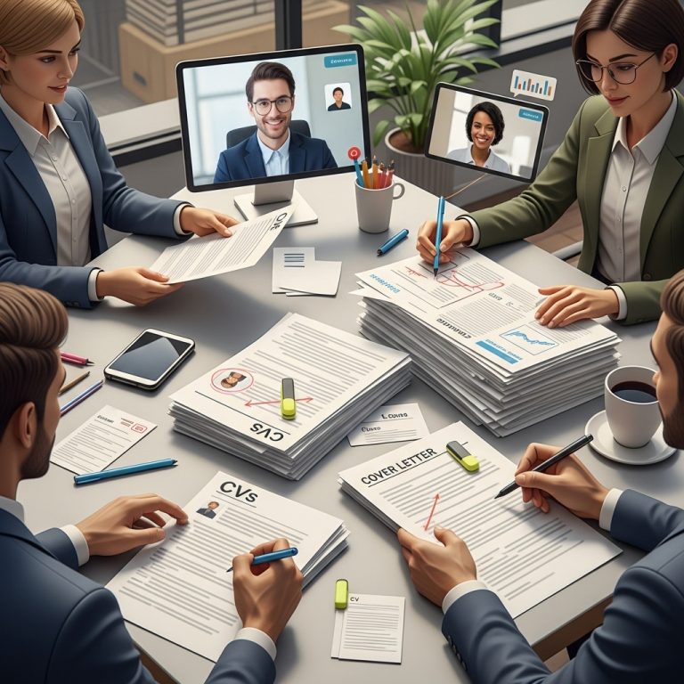 Recruiter che esaminano curriculum vitae e lettere di presentazione in ufficio.