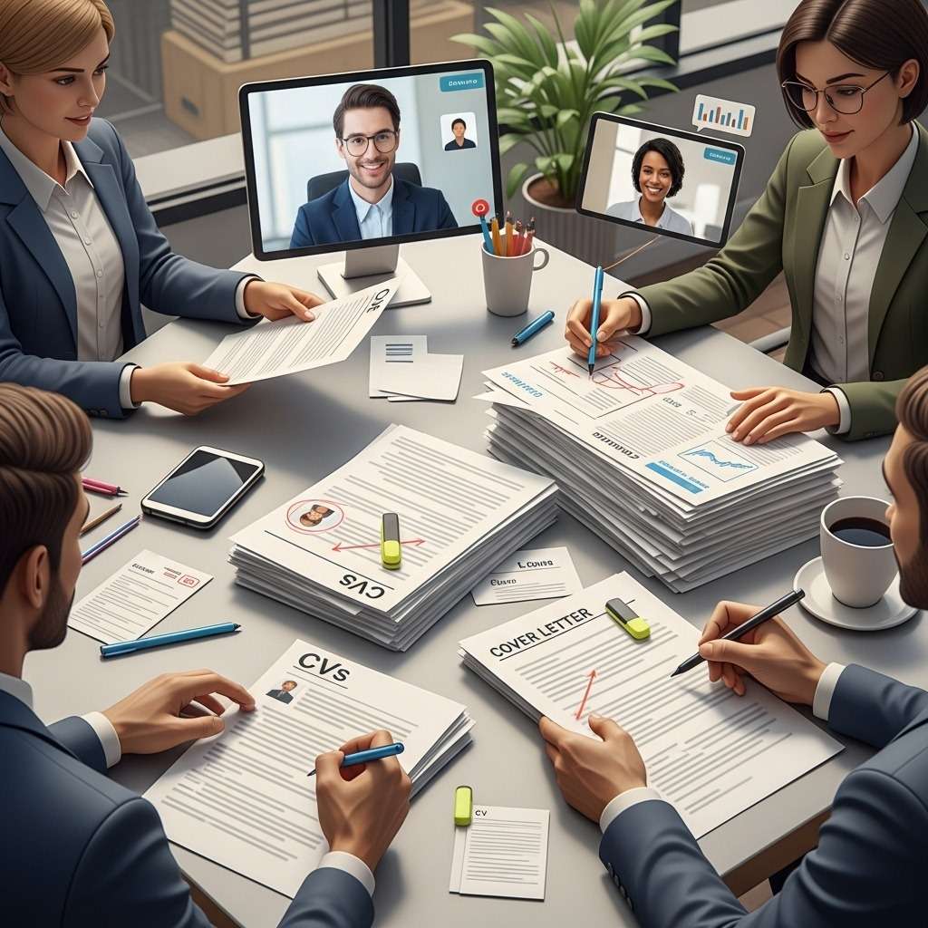 Recruiter che esaminano curriculum vitae e lettere di presentazione in ufficio.