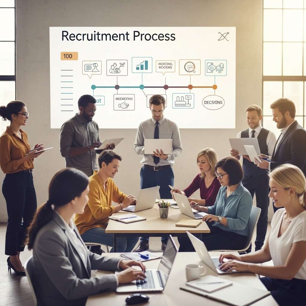 Recruiter e candidati in un ambiente d'ufficio moderno che simboleggia la trasparenza.