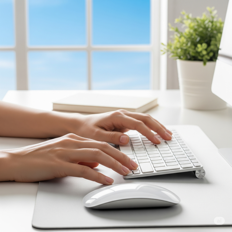 Mani che digitano su una tastiera bianca e usano un mouse, su una scrivania pulita con una pianta verde sullo sfondo, che suggerisce un ambiente di lavoro confortevole e igienico.