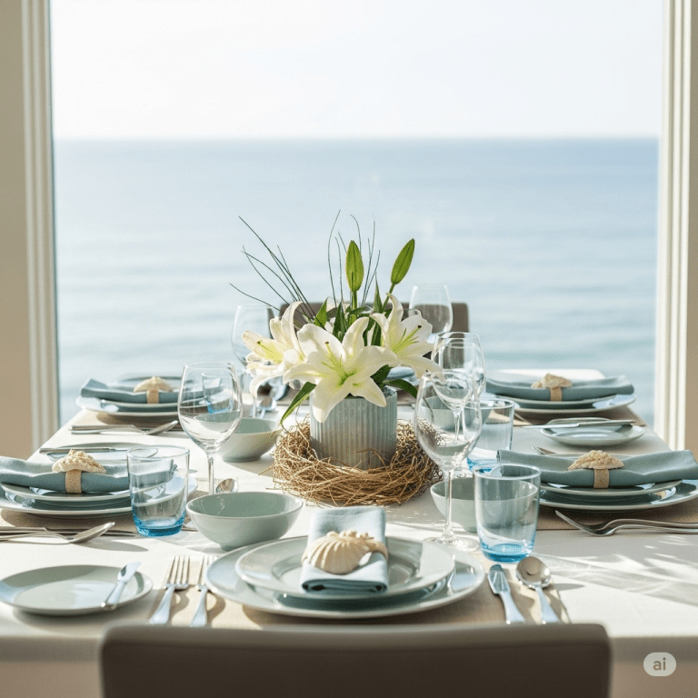Tavola apparecchiata con servizio di piatti azzurri e bianchi, ispirata al mare, che evoca armonia in casa e serenità