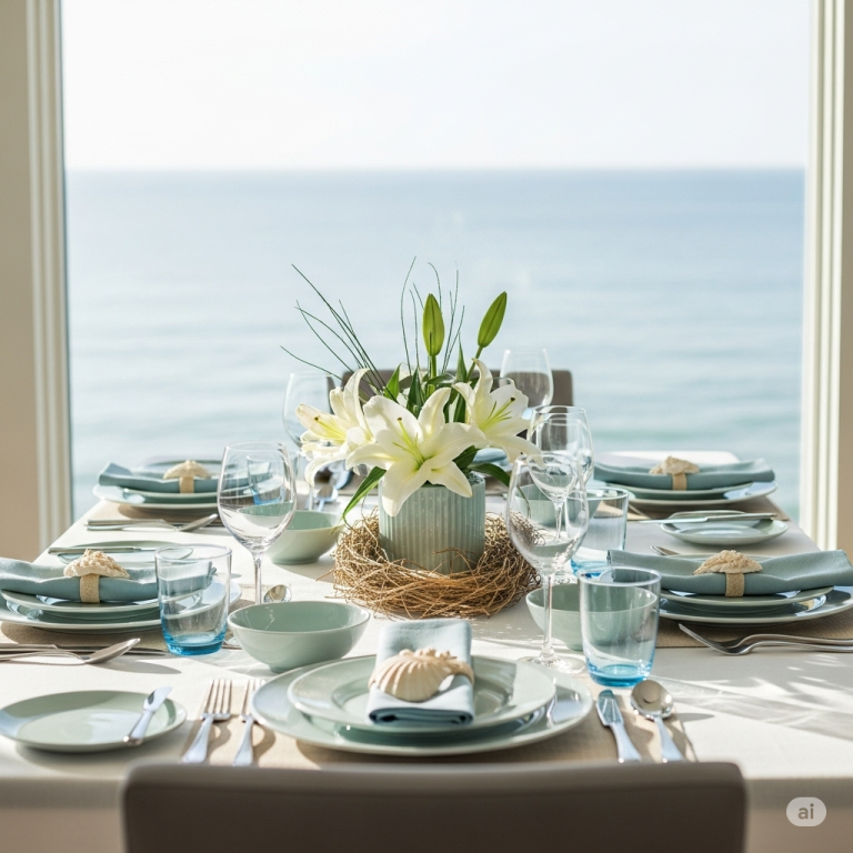 Tavola apparecchiata con servizio di piatti azzurri e bianchi, ispirata al mare, che evoca armonia in casa e serenità