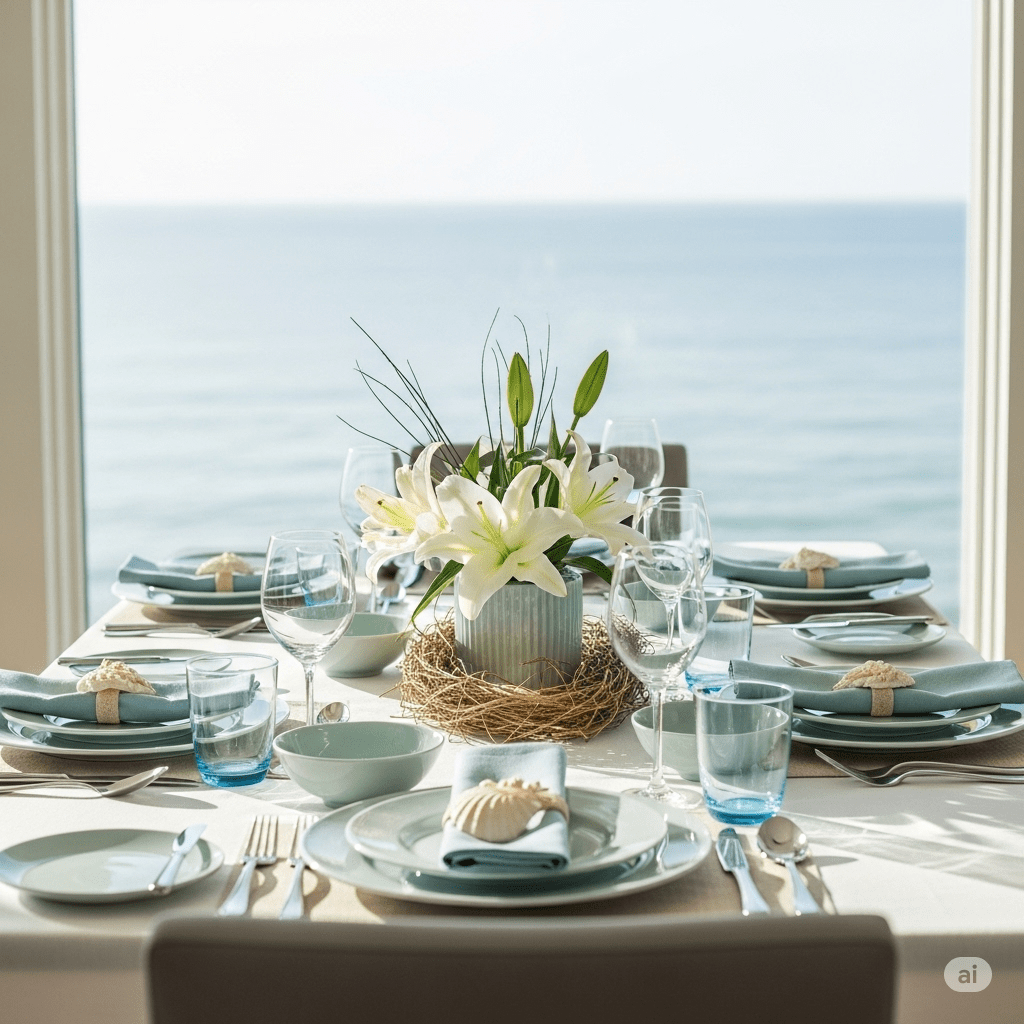 Tavola apparecchiata con servizio di piatti azzurri e bianchi, ispirata al mare, che evoca armonia in casa e serenità