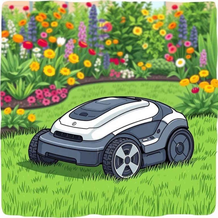 Robot rasaerba in stile cartoon su un prato curato, circondato da un giardino fiorito. Immagine ideale per un blog sulla cura del giardino e la tecnologia smart.
