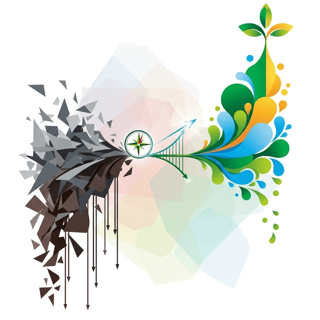 Un'immagine astratta che raffigura la transizione da uno stato di disordine e declino (rappresentato da forme scure e frammentate con frecce verso il basso) a uno di crescita e vitalità (simboleggiato da colori vivaci, forme organiche ascendenti e un germoglio), con una bussola centrale che guida questo passaggio.