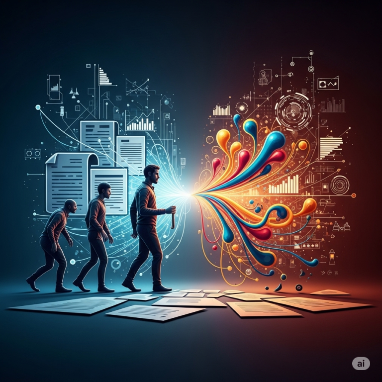 Immagine astratta e figurativa che raffigura l'evoluzione delle politiche aziendali, con un passaggio da forme rigide a strutture dinamiche e interconnesse, suggerendo crescita futura e integrazione tecnologica.