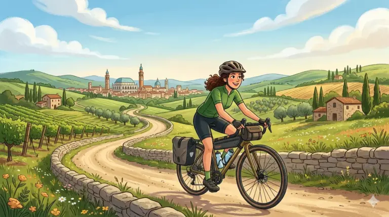 Un'illustrazione a fumetti luminosa e allegra, senza loghi o marchi, che mostra una ciclista sorridente, con capelli castani e caschetto protettivo, che pedala lungo una strada sterrata che si snoda tra colline verdi e vigneti. Sullo sfondo si staglia lo skyline stilizzato di Vicenza, con la Basilica Palladiana e una torre dell'orologio. La bicicletta è equipaggiata con borse da viaggio: una borsa da sella, una borsa da telaio e una borsa da manubrio. La scena è inquadrata sotto un cielo azzurro con nuvole soffici. Questa immagine è stata generata da un'intelligenza artificiale.