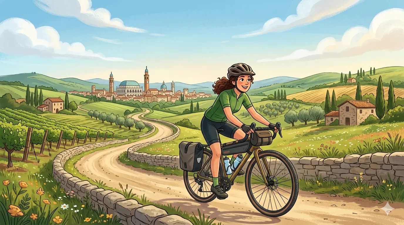 Un'illustrazione a fumetti luminosa e allegra, senza loghi o marchi, che mostra una ciclista sorridente, con capelli castani e caschetto protettivo, che pedala lungo una strada sterrata che si snoda tra colline verdi e vigneti. Sullo sfondo si staglia lo skyline stilizzato di Vicenza, con la Basilica Palladiana e una torre dell'orologio. La bicicletta è equipaggiata con borse da viaggio: una borsa da sella, una borsa da telaio e una borsa da manubrio. La scena è inquadrata sotto un cielo azzurro con nuvole soffici. Questa immagine è stata generata da un'intelligenza artificiale.