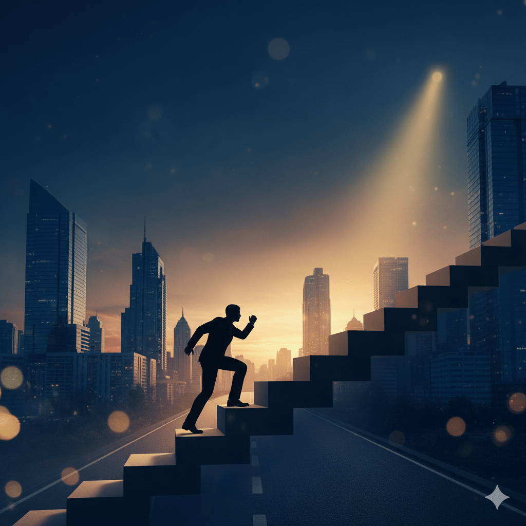 Uomo d'affari stilizzato che sale una scala ascendente verso una luce brillante all'alba su uno sfondo urbano, simboleggiando progressione, superamento degli ostacoli e successo professionale.