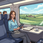 Illustrazione stile fumetto di una donna seduta in un treno ad alta velocità, impegnata a leggere o lavorare mentre ammira un paesaggio collinare italiano dal finestrino. I volti dei passeggeri sono stilizzati per anonimato.