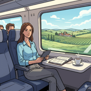 Illustrazione stile fumetto di una donna seduta in un treno ad alta velocità, impegnata a leggere o lavorare mentre ammira un paesaggio collinare italiano dal finestrino. I volti dei passeggeri sono stilizzati per anonimato.
