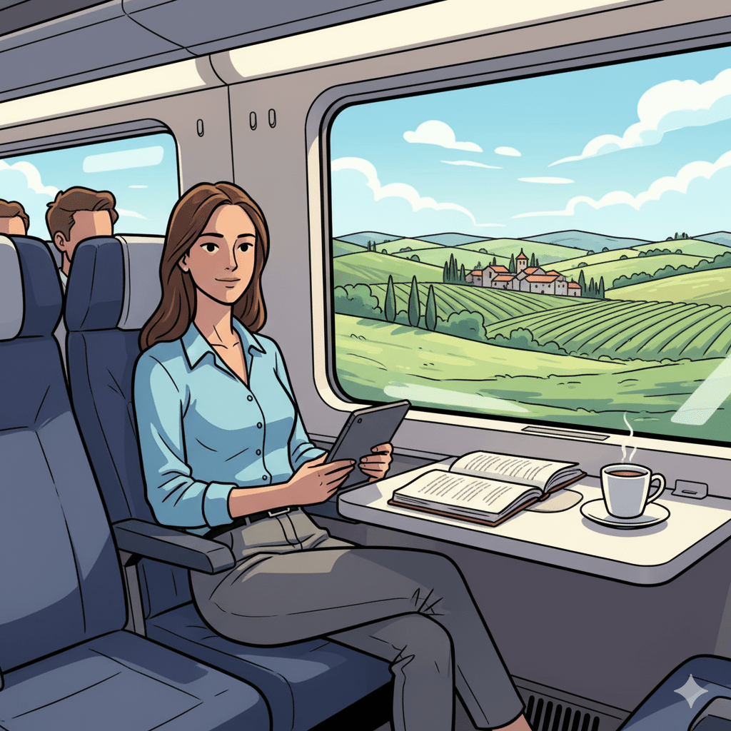 Illustrazione stile fumetto di una donna seduta in un treno ad alta velocità, impegnata a leggere o lavorare mentre ammira un paesaggio collinare italiano dal finestrino. I volti dei passeggeri sono stilizzati per anonimato.