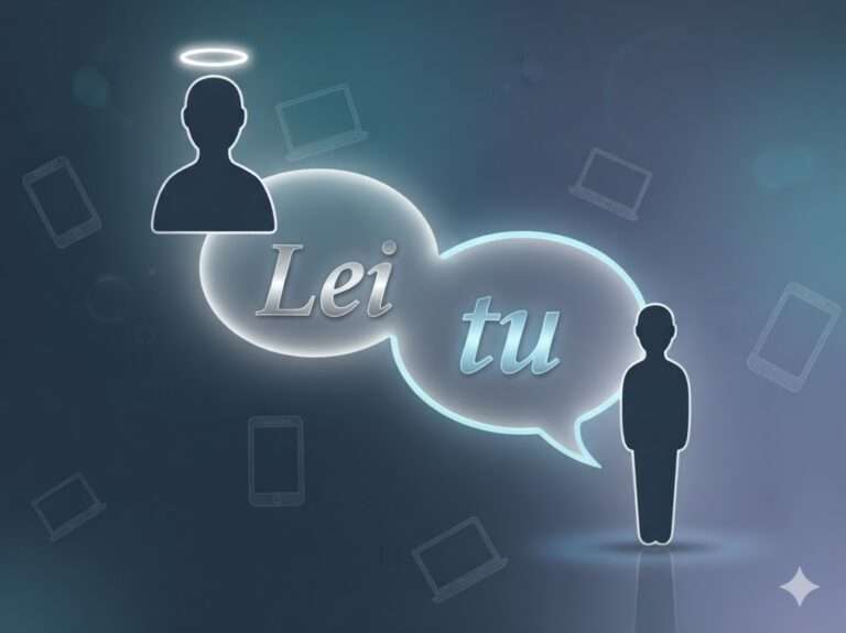 Illustrazione che mostra due figure stilizzate, una con un'aura di superiorità che comunica "Lei" e l'altra che risponde con "tu", con icone di dispositivi digitali sullo sfondo. Il testo recita: "Etichetta Digitale: 'Tu' o 'Lei'? La mia regola per le alte cariche".