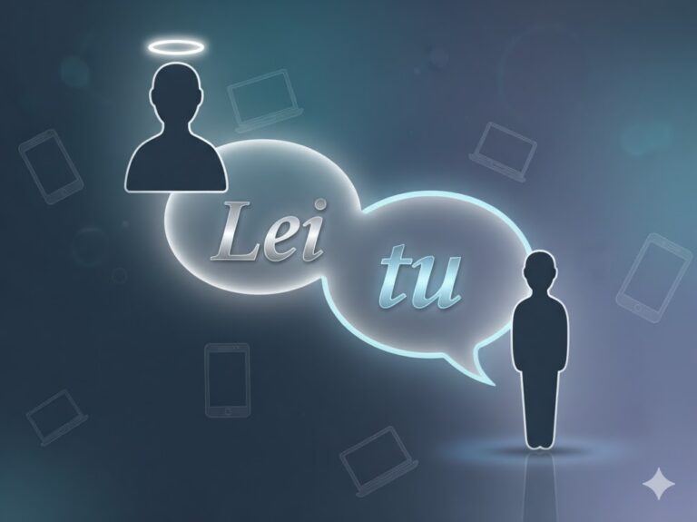 Illustrazione che mostra due figure stilizzate, una con un'aura di superiorità che comunica "Lei" e l'altra che risponde con "tu", con icone di dispositivi digitali sullo sfondo. Il testo recita: "Etichetta Digitale: 'Tu' o 'Lei'? La mia regola per le alte cariche".