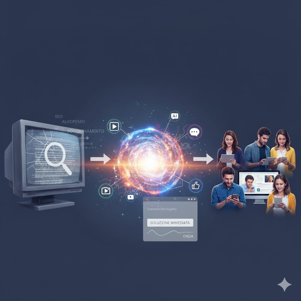 Una grafica che illustra il passaggio dal SEO tradizionale alla ricerca moderna basata sull'IA e sui social media, con un vecchio monitor che simboleggia il passato e persone che usano dispositivi moderni per rappresentare il presente.