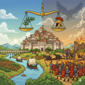 Immagine di copertina in stile cartone animato che mostra il contrasto tra una prospera città romana pacifica (a sinistra, con ramoscello d'ulivo) e una scena di battaglia e conquista romana (a destra, con elmo e legioni), simboleggiando la scelta tra pace e potere in Anno 117 Pax Romana