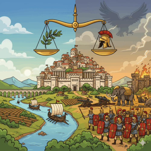 Immagine di copertina in stile cartone animato che mostra il contrasto tra una prospera città romana pacifica (a sinistra, con ramoscello d'ulivo) e una scena di battaglia e conquista romana (a destra, con elmo e legioni), simboleggiando la scelta tra pace e potere in Anno 117 Pax Romana