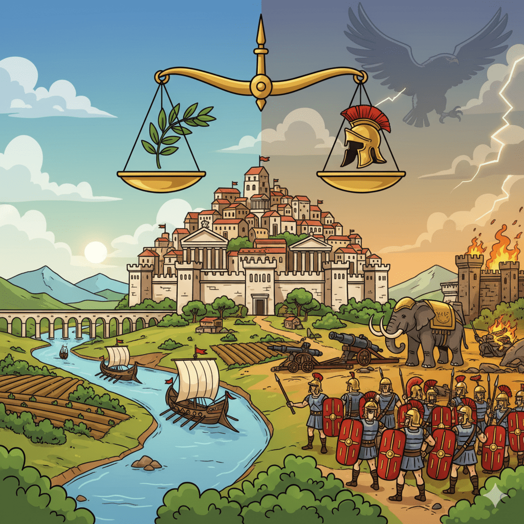 Immagine di copertina in stile cartone animato che mostra il contrasto tra una prospera città romana pacifica (a sinistra, con ramoscello d'ulivo) e una scena di battaglia e conquista romana (a destra, con elmo e legioni), simboleggiando la scelta tra pace e potere in Anno 117 Pax Romana