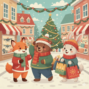 Illustrazione cartone animato di animali antropomorfi (volpe, orso, coniglio) che passeggiano in una strada innevata e festiva. Le vetrine dei negozi mostrano una varietà di prodotti per il Black Friday: droni, gioielli, smartphone, decorazioni natalizie e abbigliamento.