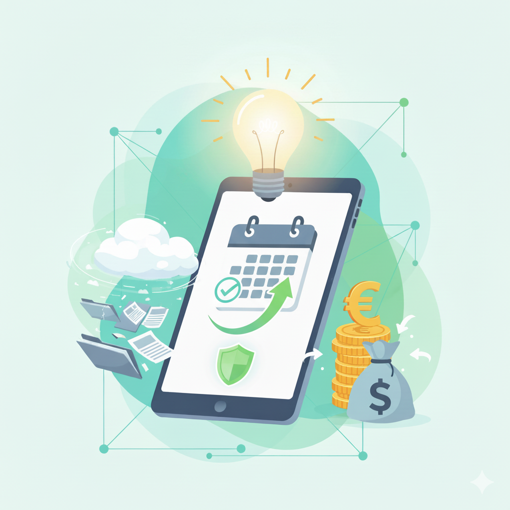 Illustrazione digitale che raffigura un tablet con un grafico in salita, una spunta verde sulla fatturazione elettronica e una notifica di scadenze gestite, affiancato da una nuvola per la digitalizzazione dei documenti cartacei, un mucchio di monete con il simbolo dell'Euro (€) e una lampadina accesa in alto, simboleggiando efficienza fiscale e risparmio per freelance e PMI.