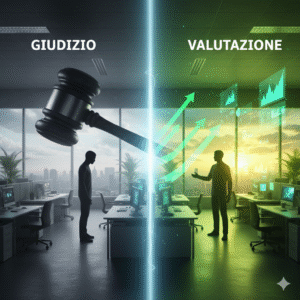 Immagine che divide in due una scena d'ufficio con una linea luminosa. A sinistra, intitolata GIUDIZIO, una persona in silhouette è schiacciata sotto un grande martelletto da giudice in un ambiente scuro. A destra, intitolata VALUTAZIONE, una persona in silhouette sta in piedi con frecce verdi che puntano verso l'alto e grafici luminosi, con uno sfondo di alba o tramonto luminoso.