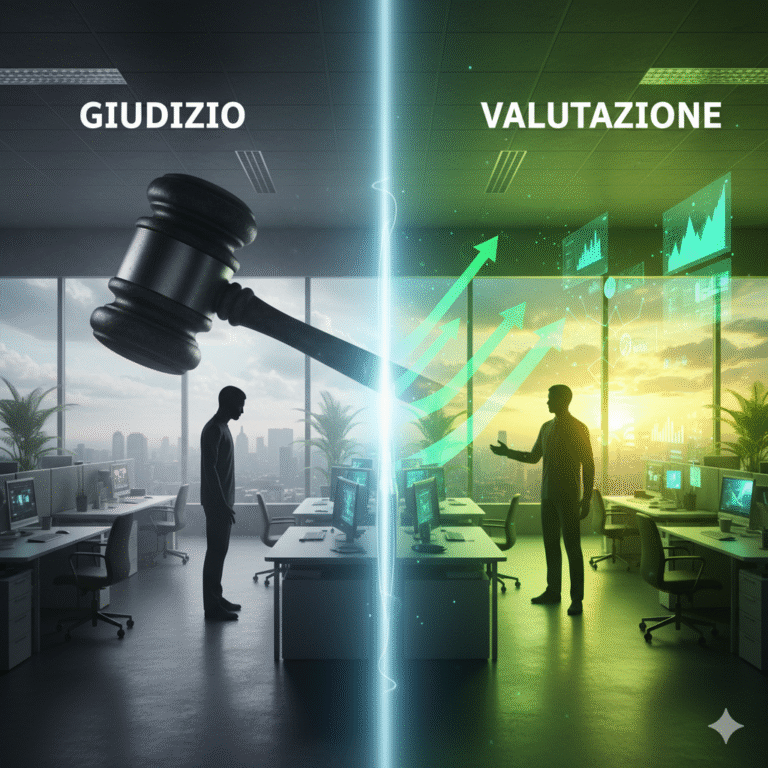 Immagine che divide in due una scena d'ufficio con una linea luminosa. A sinistra, intitolata GIUDIZIO, una persona in silhouette è schiacciata sotto un grande martelletto da giudice in un ambiente scuro. A destra, intitolata VALUTAZIONE, una persona in silhouette sta in piedi con frecce verdi che puntano verso l'alto e grafici luminosi, con uno sfondo di alba o tramonto luminoso.