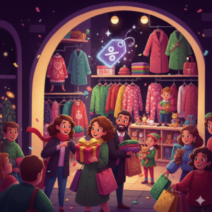 Famiglie felici fanno shopping in un negozio di abbigliamento durante il Black Friday, con sconti e regali di Natale.