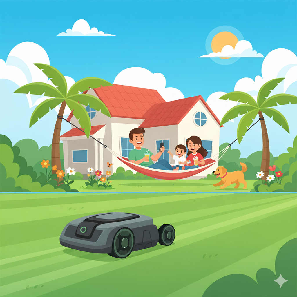 Rasaerba robotizzato moderno in un prato verde, famiglia rilassata su un'amaca davanti a una casa, stile cartone animato.