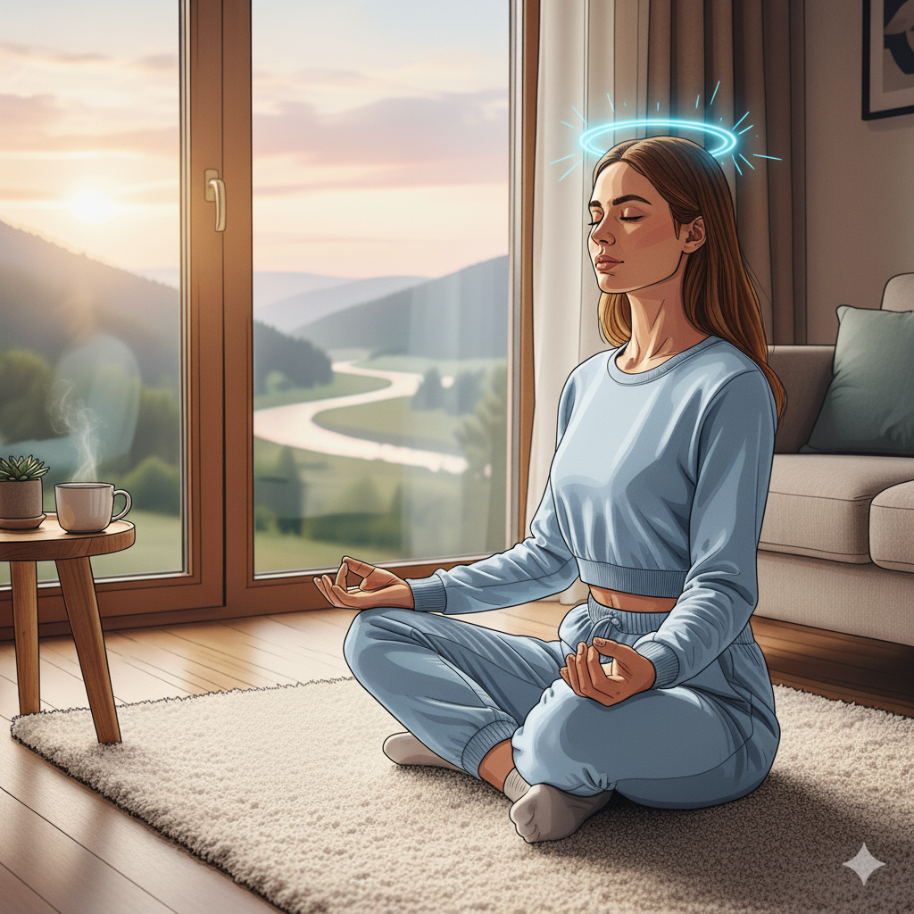 Illustrazione fumetto di una donna che medita seduta sul pavimento di casa, con un'espressione serena e un'aura di luce intorno alla testa, davanti a una finestra con vista su montagne e un fiume al tramonto. Accanto a lei, una tazza fumante e una piccola pianta.