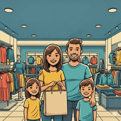 Famiglia felice con sacchetto shopping in un negozio di abbigliamento, stile fumetto.