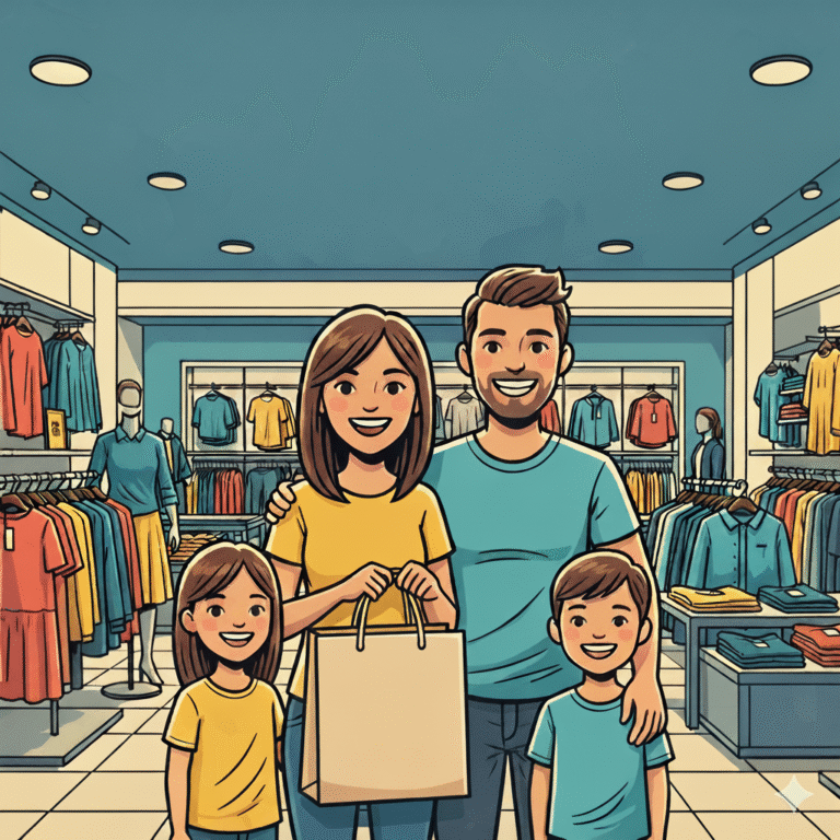 Famiglia felice con sacchetto shopping in un negozio di abbigliamento, stile fumetto.
