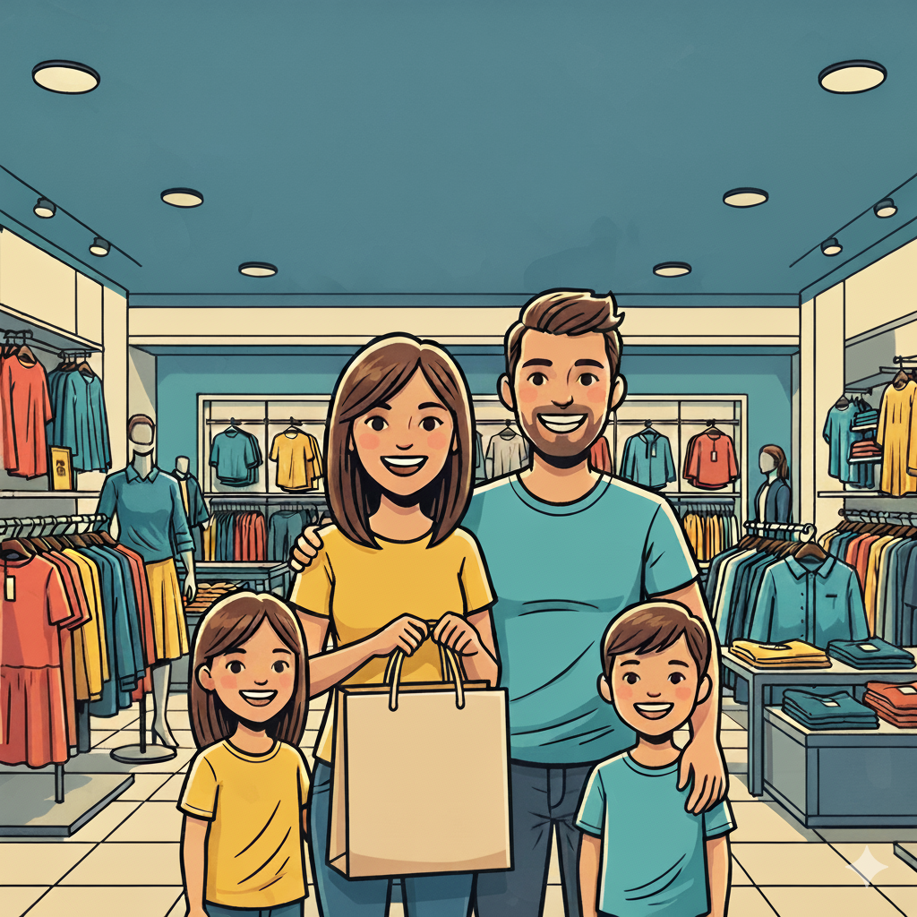 Famiglia felice con sacchetto shopping in un negozio di abbigliamento, stile fumetto.