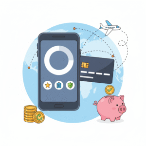 Illustrazione a cartone animato che mostra i Revolut Vantaggi: smartphone con app di finanza, carta di credito, aeroplano e salvadanaio per punti fedeltà e viaggi.
