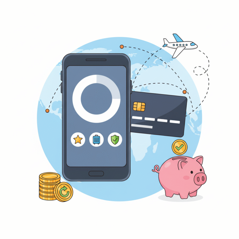 Illustrazione a cartone animato che mostra i Revolut Vantaggi: smartphone con app di finanza, carta di credito, aeroplano e salvadanaio per punti fedeltà e viaggi.