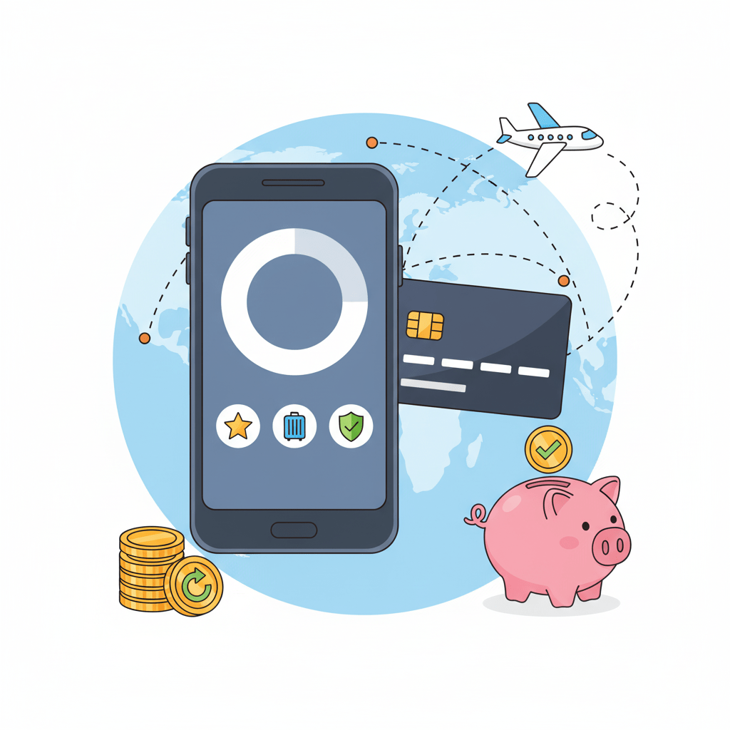 Illustrazione a cartone animato che mostra i Revolut Vantaggi: smartphone con app di finanza, carta di credito, aeroplano e salvadanaio per punti fedeltà e viaggi.