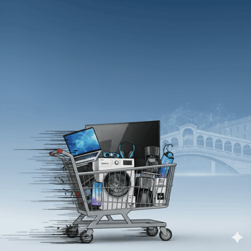 Un carrello della spesa stilizzato pieno di elettrodomestici Comet (lavatrice, TV, smartphone) e piccoli elettrodomestici su uno sfondo che richiama il Veneto. Vicino al carrello, 6 icone moderne rappresentano i vantaggi chiave di Comet: una carta di fedeltà, un camioncino per la consegna, un orologio per la rapidità, una chiave inglese per l'installazione, una freccia che indica il riciclo e una freccia circolare per la permuta. L'immagine è dinamica e utilizza colori vivaci, con il logo Comet integrato.