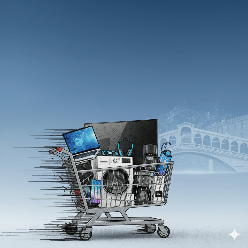 Un carrello della spesa stilizzato pieno di elettrodomestici Comet (lavatrice, TV, smartphone) e piccoli elettrodomestici su uno sfondo che richiama il Veneto. Vicino al carrello, 6 icone moderne rappresentano i vantaggi chiave di Comet: una carta di fedeltà, un camioncino per la consegna, un orologio per la rapidità, una chiave inglese per l'installazione, una freccia che indica il riciclo e una freccia circolare per la permuta. L'immagine è dinamica e utilizza colori vivaci, con il logo Comet integrato.