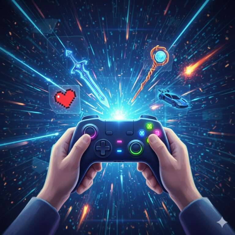 Mani che tengono un gamepad futuristico con simboli di gioco olografici (spada, cuore pixelato, bastone magico, auto da corsa) proiettati su uno sfondo energetico di luci e particelle digitali.