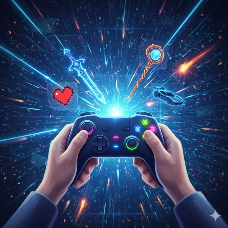 Mani che tengono un gamepad futuristico con simboli di gioco olografici (spada, cuore pixelato, bastone magico, auto da corsa) proiettati su uno sfondo energetico di luci e particelle digitali.