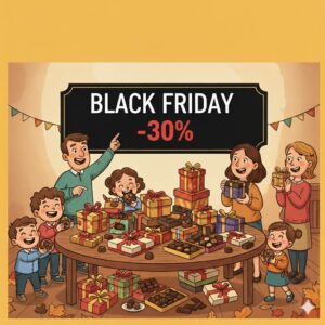 Illustrazione in stile cartone animato di una famiglia (adulti e bambini) felice attorno a un tavolo pieno di scatole regalo e cioccolatini. Un cartello nero con "BLACK FRIDAY -30%" è appeso al muro. L'atmosfera è gioiosa e autunnale.