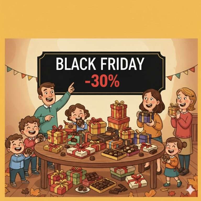 Illustrazione in stile cartone animato di una famiglia (adulti e bambini) felice attorno a un tavolo pieno di scatole regalo e cioccolatini. Un cartello nero con "BLACK FRIDAY -30%" è appeso al muro. L'atmosfera è gioiosa e autunnale.